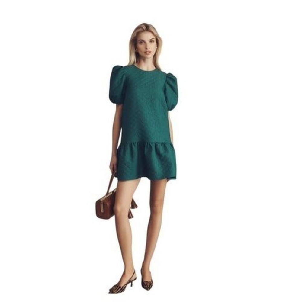 Maeve Anthropologie Quilted Puff Sleeve Mini Dress Emerald Green Medium